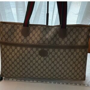Vintage Gucci GG Supreme Monogram Web Stripe Tote Bag Brown Coated Canvas